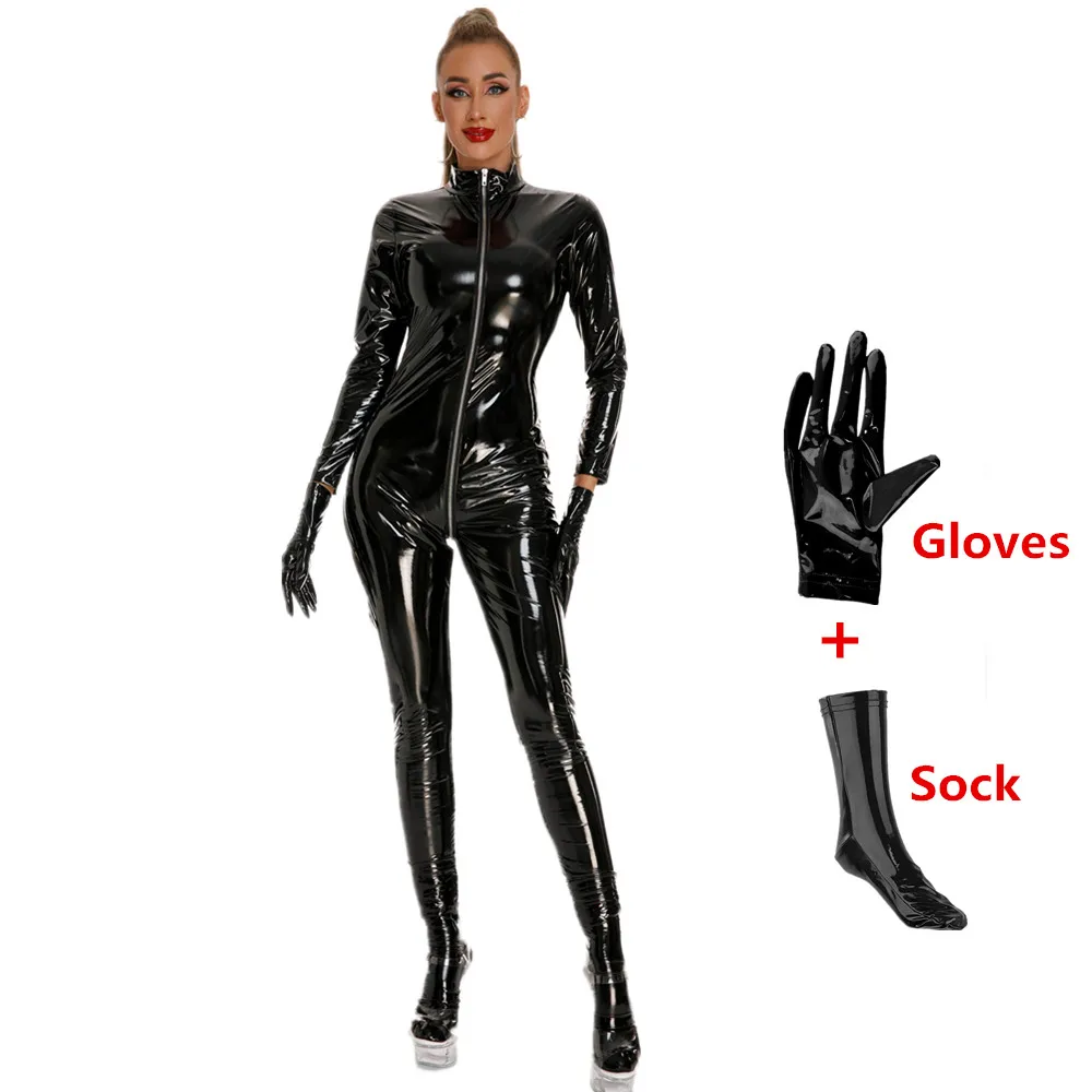Stretch Sexy Women Faux Leather Jumpsuit Wet Look Latex Catsuit 3 Way