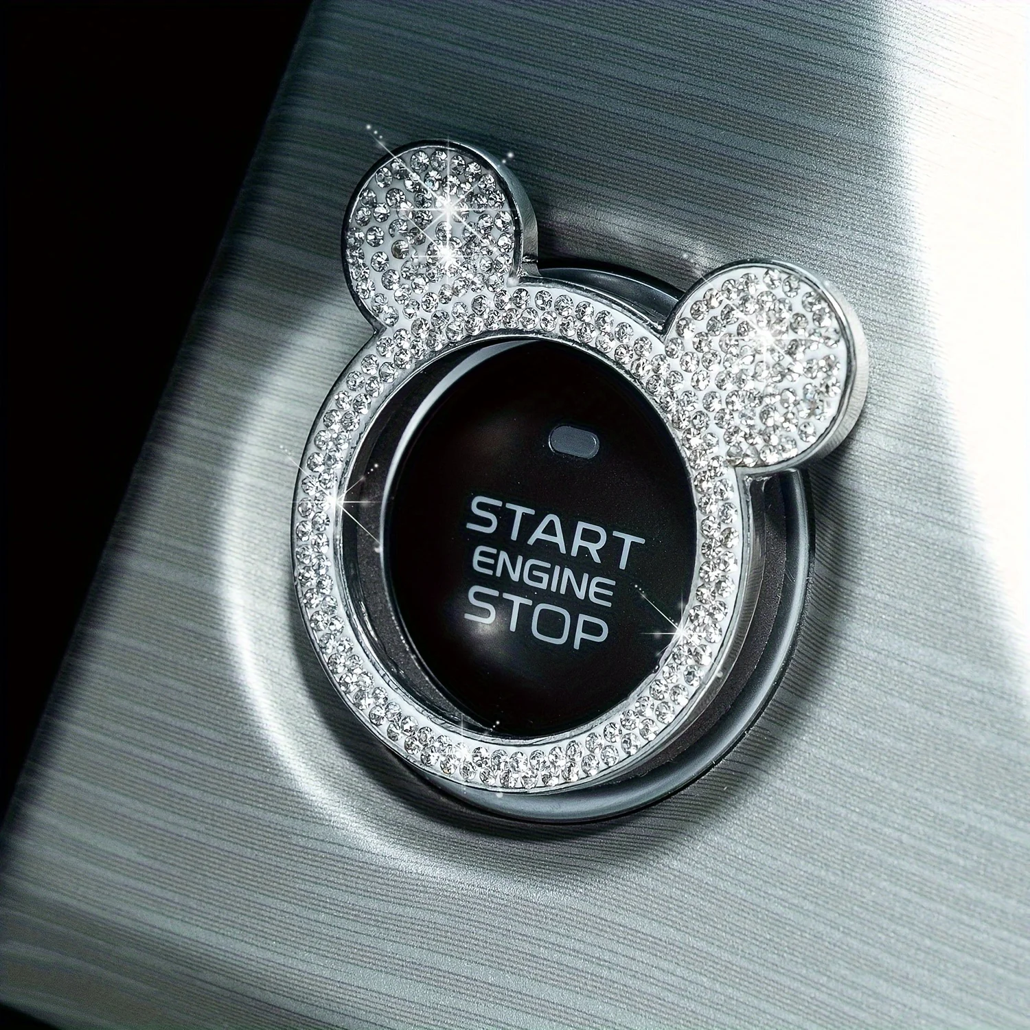 Neuer mit Diamanten besetzter Teddybär, One-Click-Startring-Aufkleber, niedliche Maus, Auto, universelle Dekoration, Ring, Auto-Zündknopfabdeckung – Detail 1