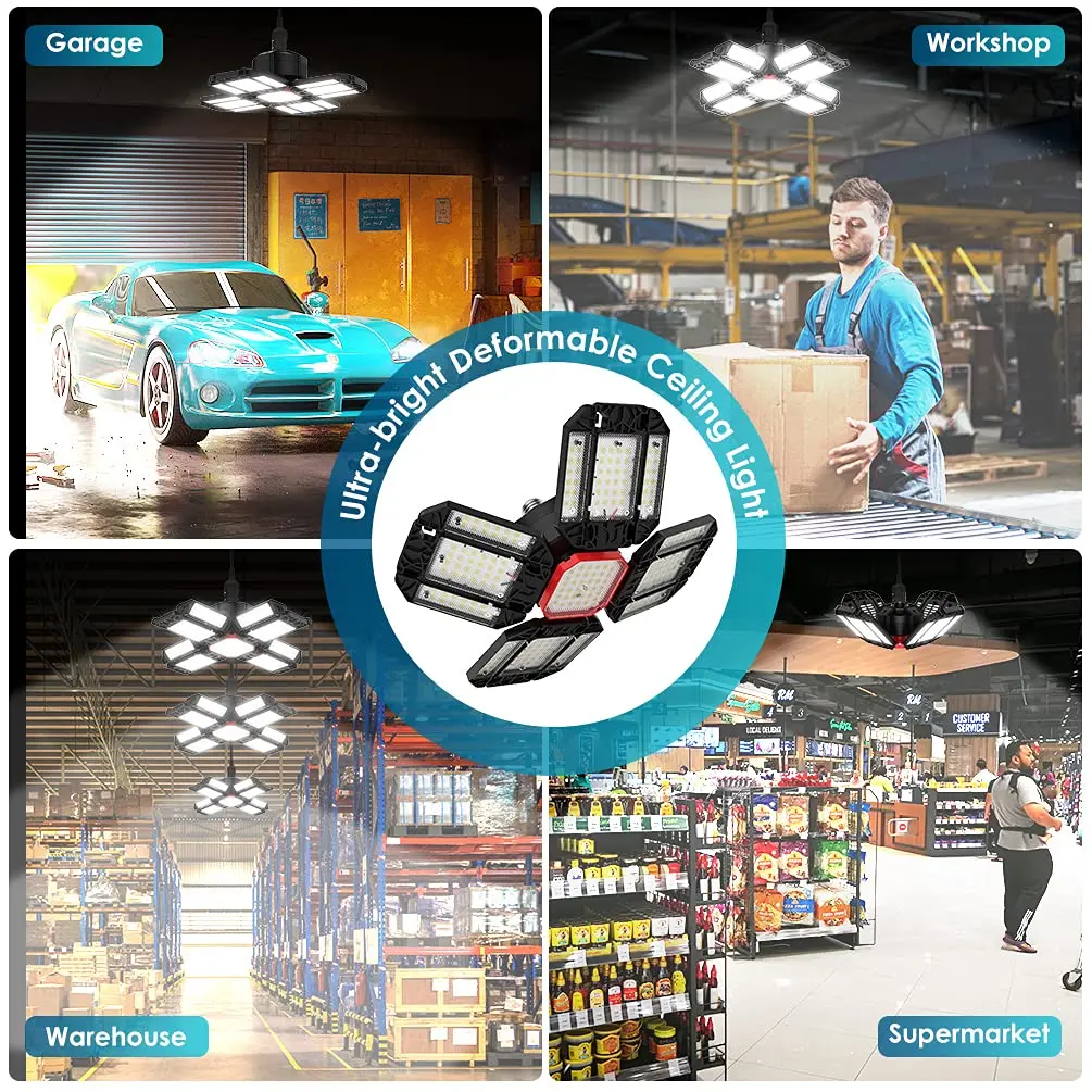 12 Adjustable Panels LED Garage Lights E27/E26 Lamp Deformable Bulb Ceiling Lights for Shop Storage Warehouse Workshop Lighting