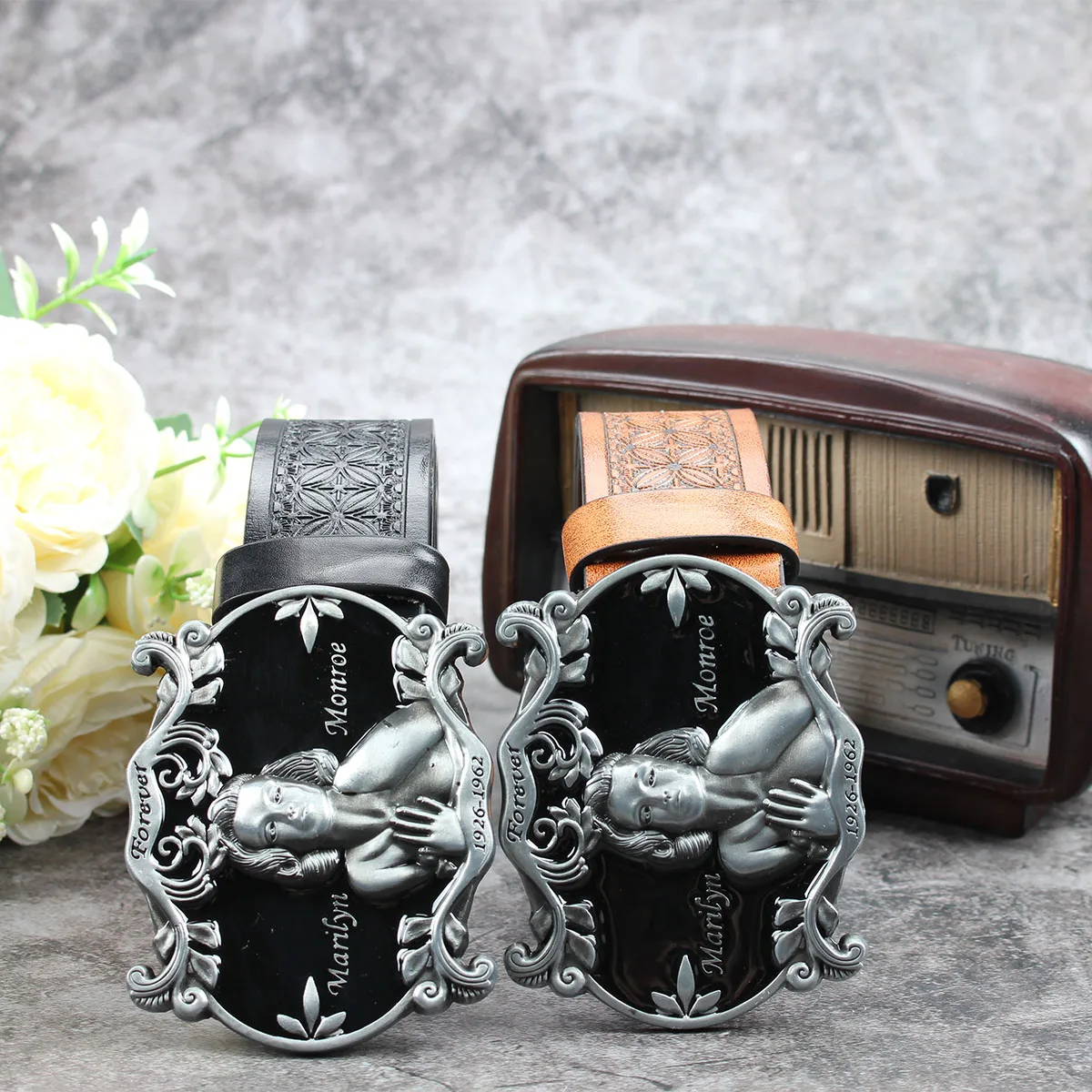 

Black background human avatar3.7cm wide men's and women's Western bull head denim style bull scalprendy belt smooth buckle