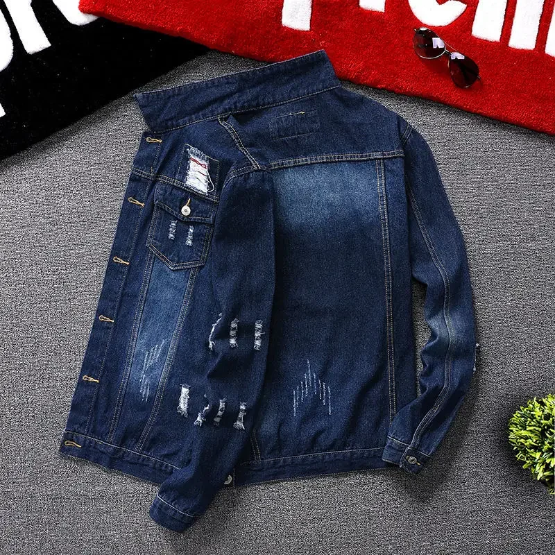 thumbnail image 1 of Chaqueta vaquera negra con botones para otoño para hombre, chaqueta vaquera blanca con estampado de letras, abrigo para hombre, lavado rojo G, estética de bajo coste al precio más bajo, 1 of 5