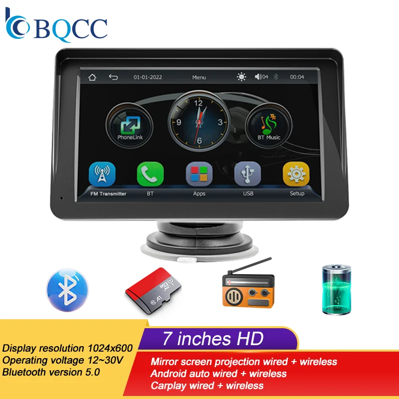 Car Multimedia Player BQCC 7 Inch Portable CarPlay Android Auto Radio Video Touch Screen USB AUX Rear View Camera