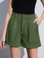 Olive drab Women's Oversized Woven Solid Color Casual Shorts Comfortable Loose Fit High Waist Knee-Length Summer Fashion Olive d