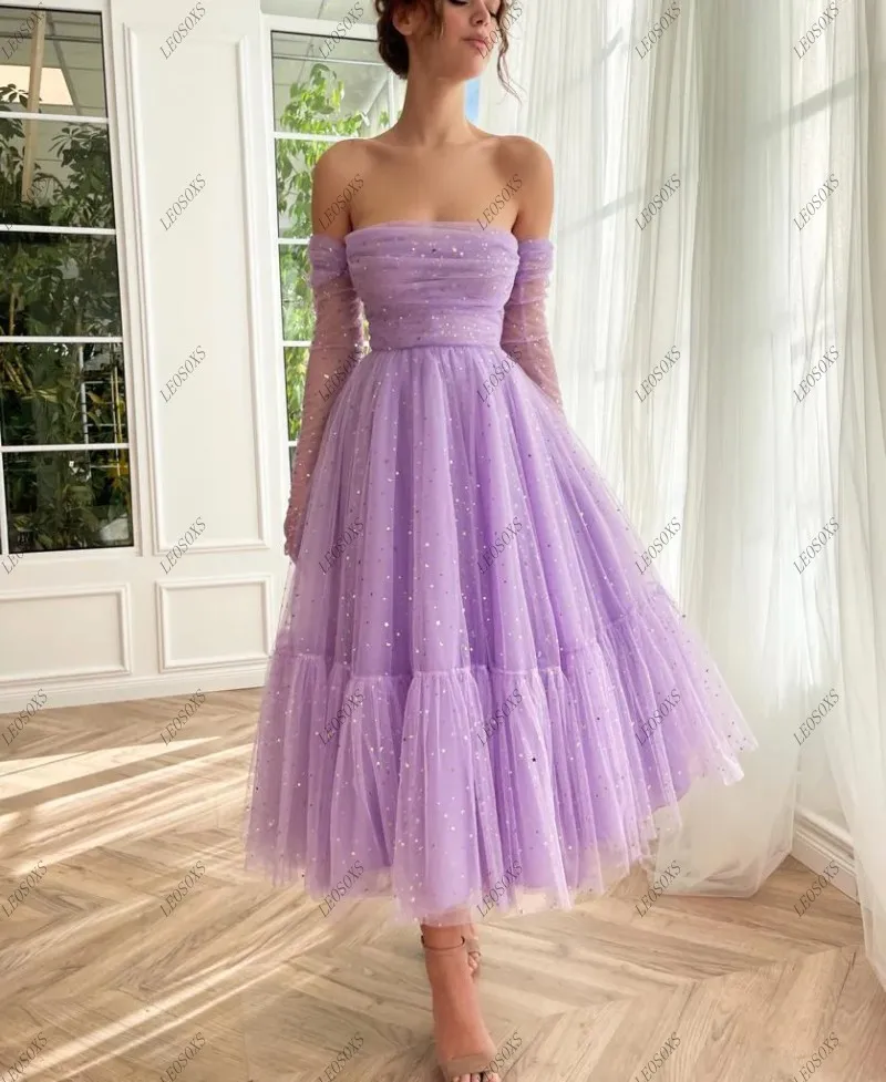 

Shiny Purple Tulle Tired Spaghetti Straps Prom Dresses Women Fairy Sweetheart A Line Tea Length Evening Party Homecoming Gown