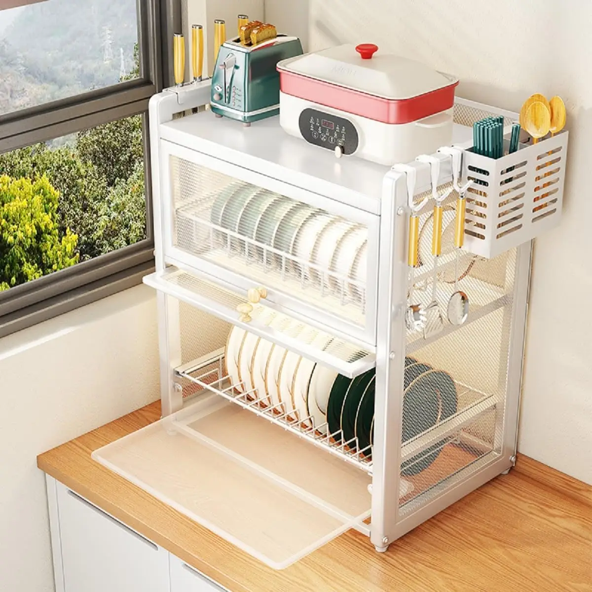 Medium Dish Drying Rack for Kitchen Counter, Stainless Steel Dish Strainer with Cover 2 Tier Kitchen Counter Utensil Holder