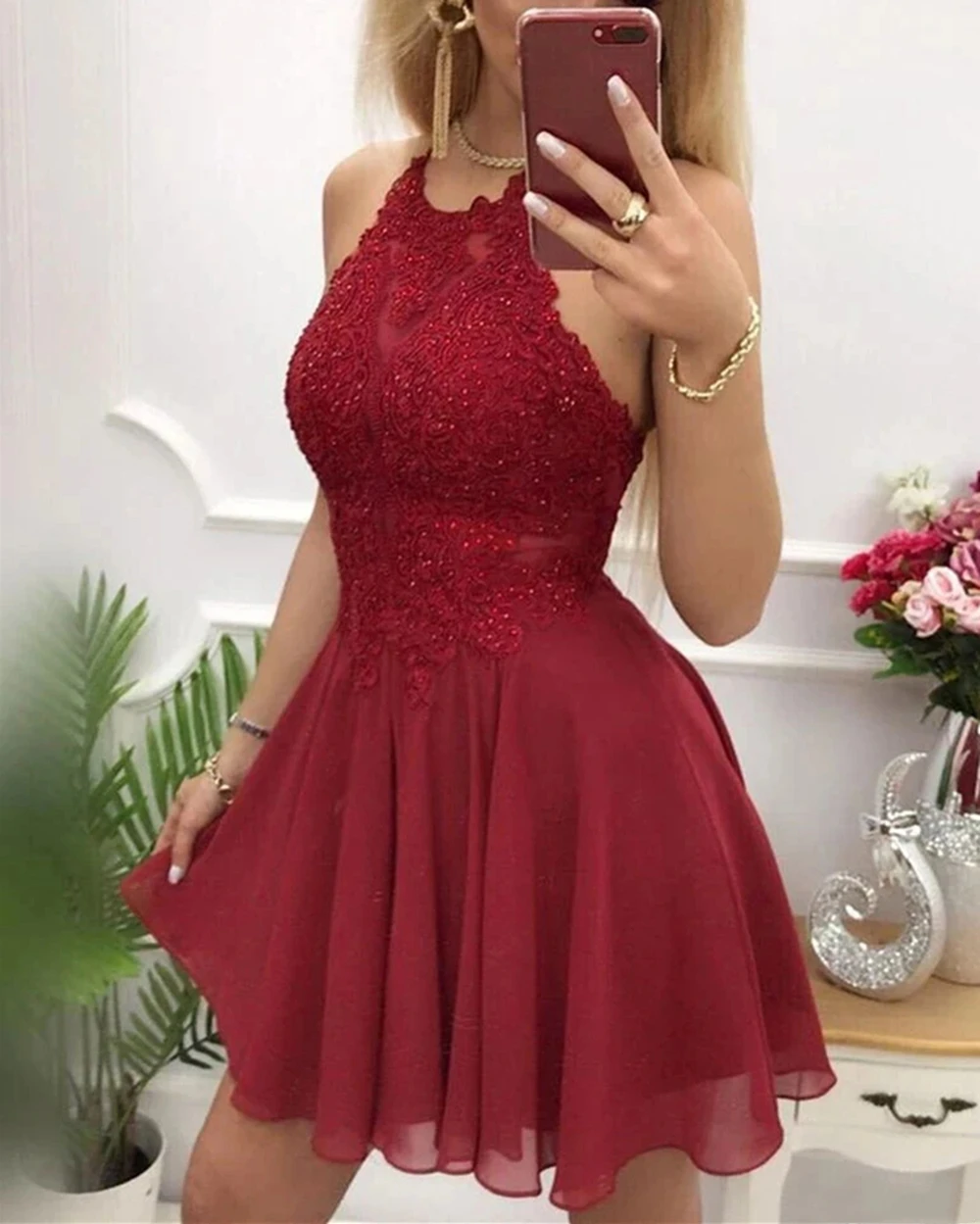 

Hot Sale Halter Lace Chiffon Short Homecoming Dresses Appliques Crystals Tulle Mini Cocktail Prom Party Graduation Gown BM378