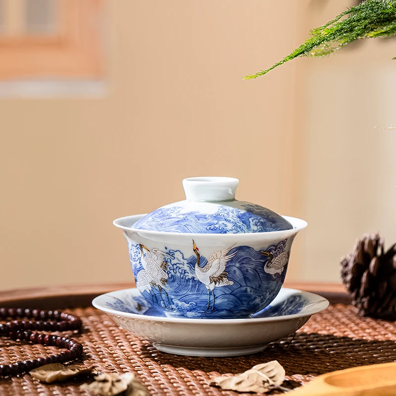 

Chinese Retro Jingdezhen Gaiwan Blue and White Crane Gaiwan Household Anti-Scald Tea High-End Porcelain Kung Fu Tea Set Cup