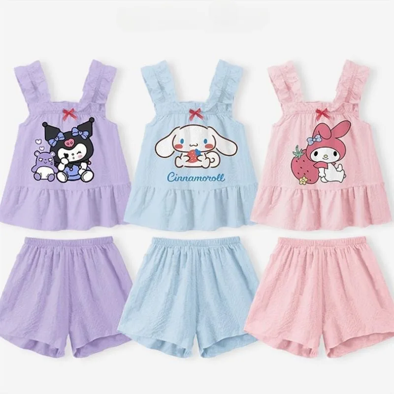 

Новинка 2024 г., Sanrio My Melody Kuromi, жилет для девушек, шорты на бретельках, пижама в коричном цвете, летняя удобная домашняя одежда для отдыха, комплект из двух предметов