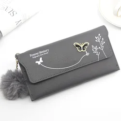 Elegant Women's Solid Color Fur Ball Wallet - PU Leather Long Wallet with Butterfly Card Holder Purse (Gray)