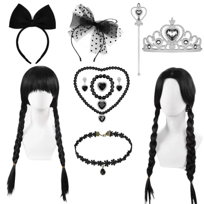 Wednesday Wig For Kids Halloween Wednesday Addams Black Braids Synthetic Hair Cosplay Accessories Crown Necklace Headdress Suit Hair Accessories Cosplay Necklace Anime Cosplay Wigs