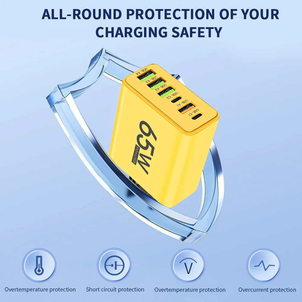 65W USB Charger 6 Port PD Type C Fast Charging Adapter For iPhone 13 14 15 Samsung Xiaomi Huawei Mobile Phone Wall Quick Charger