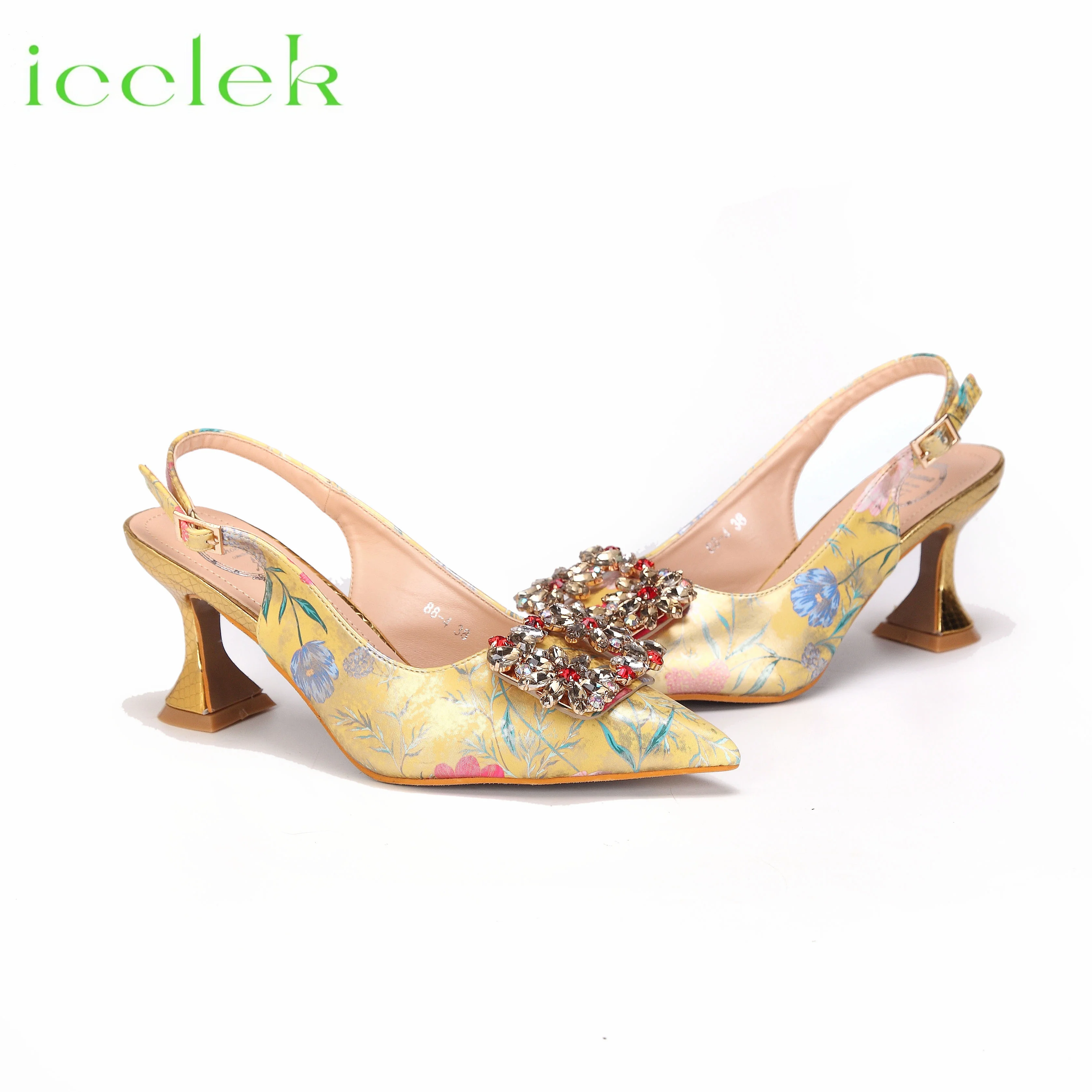 Women High Heels Sandals Printing Flower Material with Rhinestone Italian Design Coffee Color Pointed Toe Shoes and Bags Set
