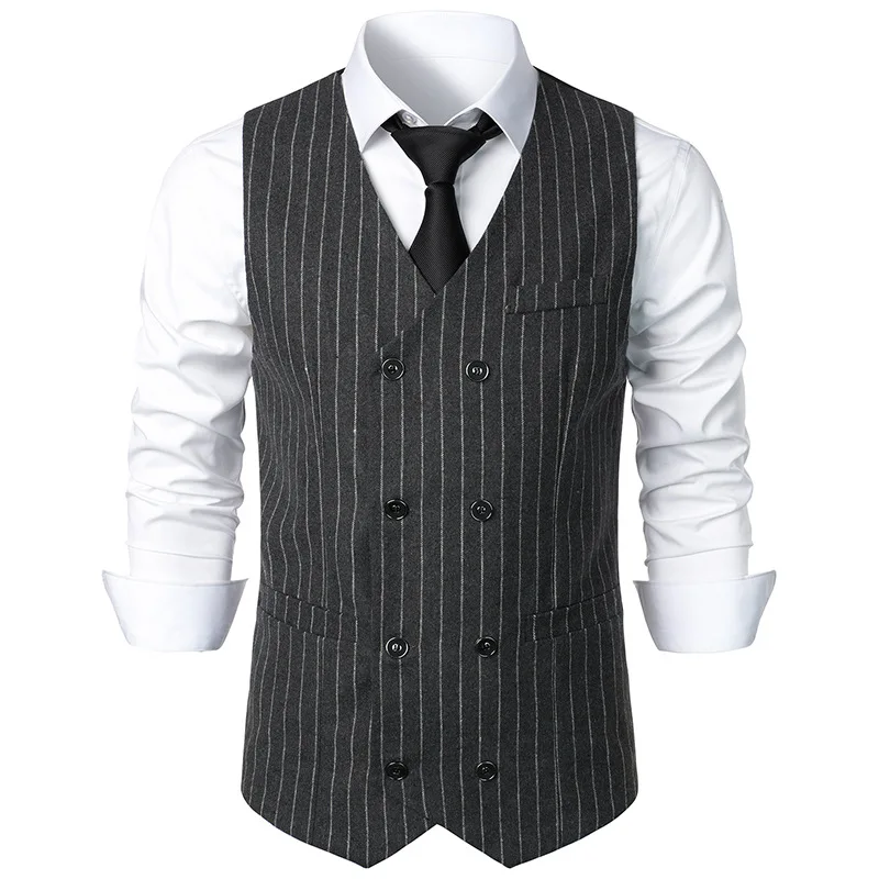 New Men's Fashion Suit Vest Trend Stripes Medieval Retro Vest Double-Breasted Male Waistcoat Wear