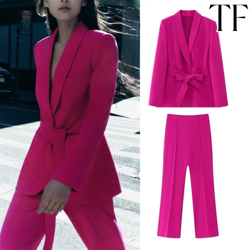 Strap Design Suit Set Womens Rose Red Solid Blazer Women Clothing Straight  Pant Suits Office Wear Lady Chic High Waisted Sets