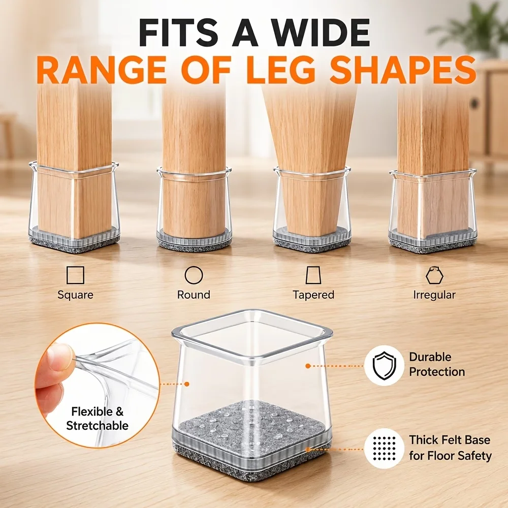Solid Wood Chair Leg Protectors with Dual Protection Silicone and Felt Pads, Pack of 40