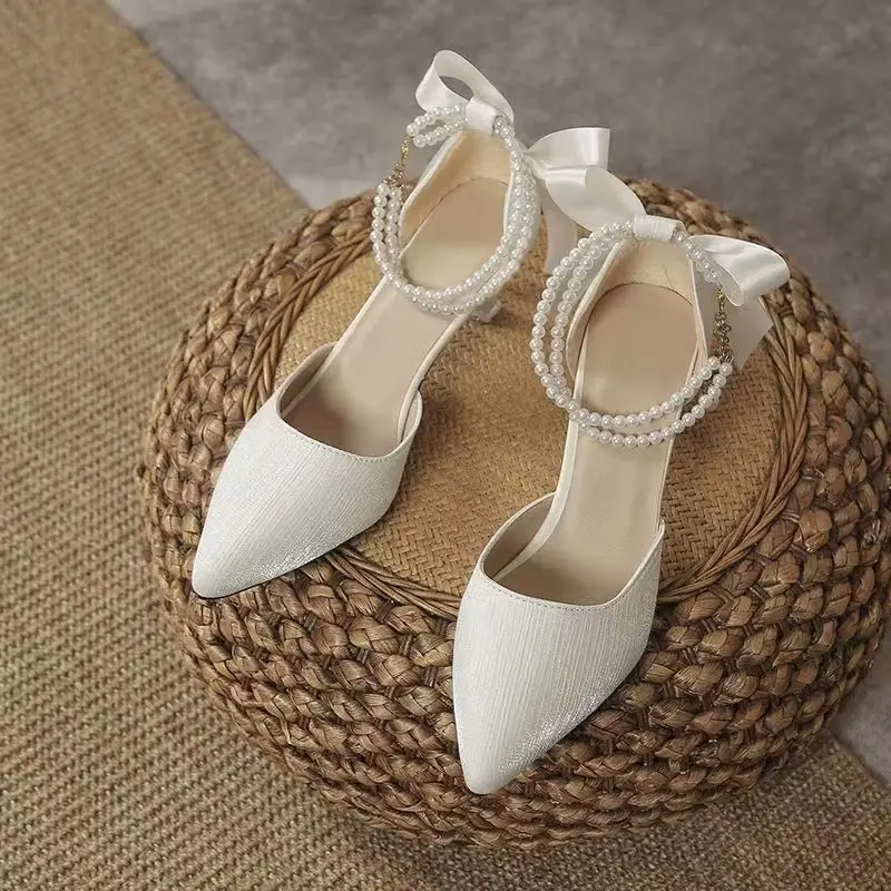 Women's Fashion One-line High Heels Autumn New Pointy Shallow Mouth Thin with Butterfly Knot Head Hollow Single Shoes