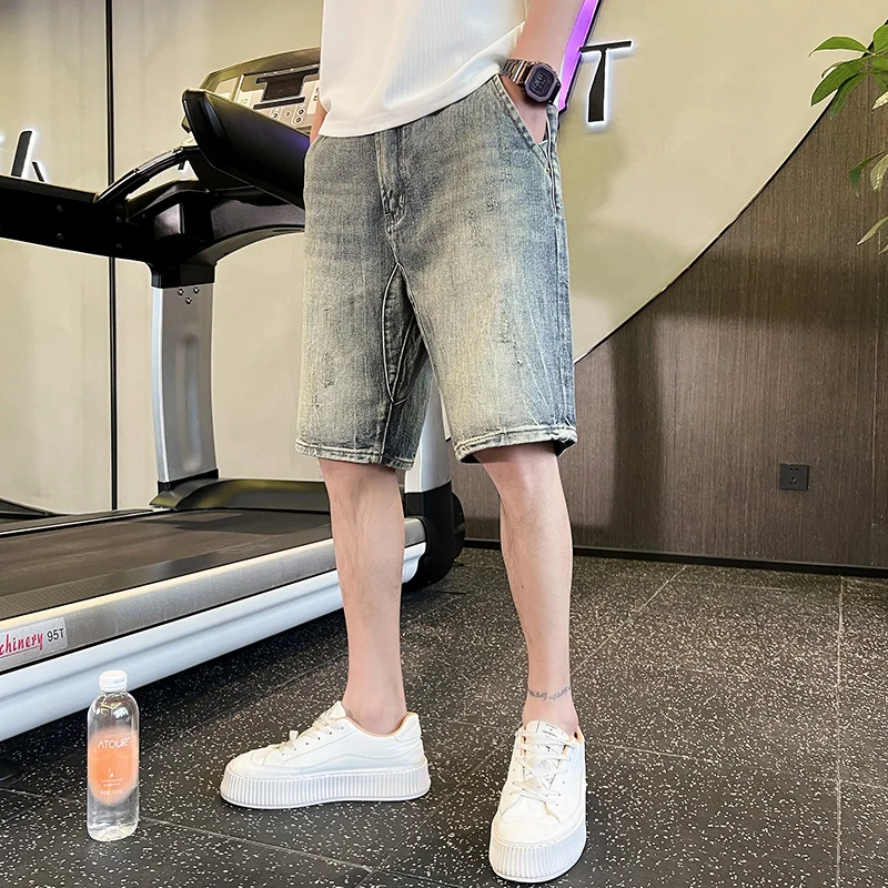 2023 Harlan denim shorts men's summer new slim-fit small straight pants American high street everything 28-34 five-point pants