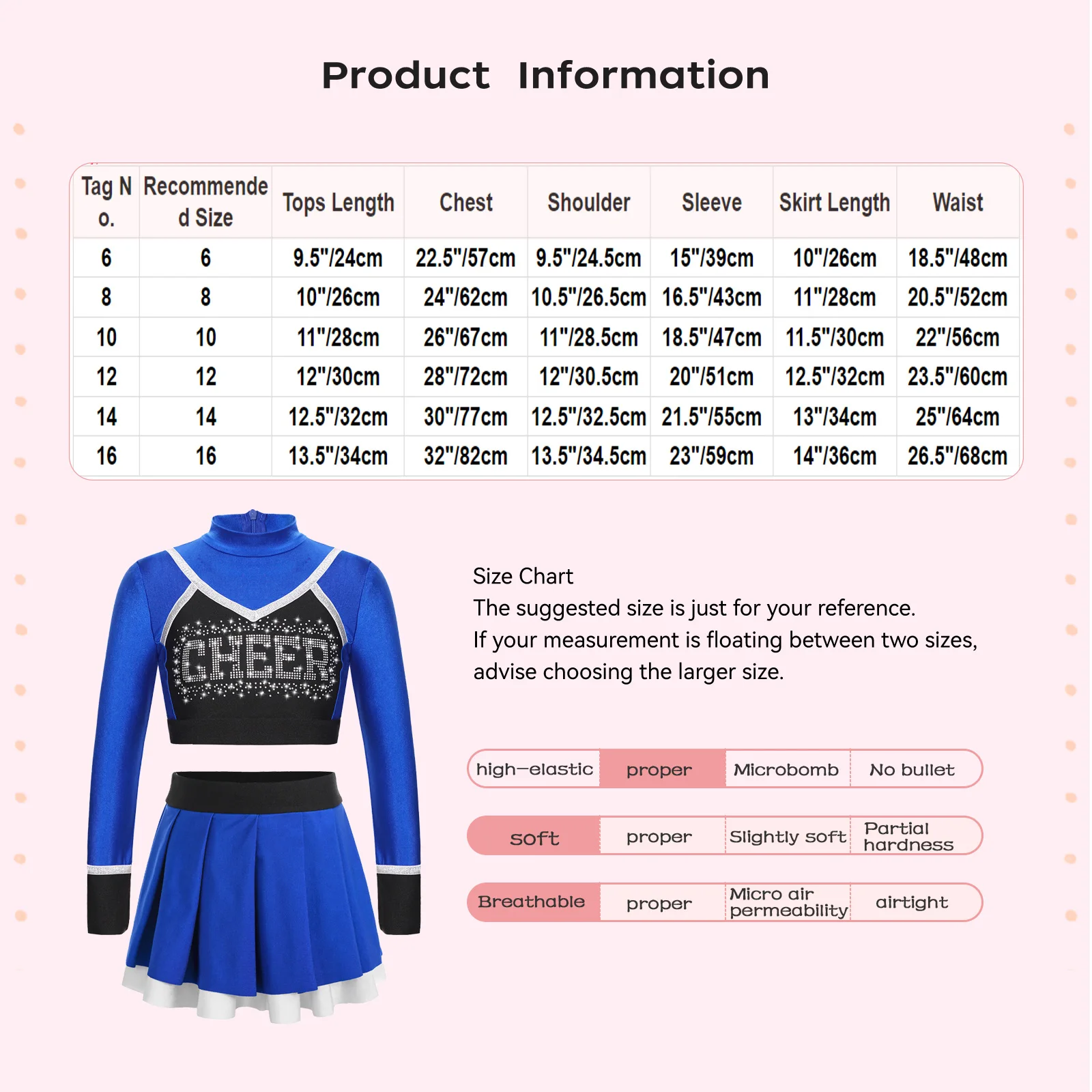 Description Picture 2 of itemKids Girls Cheerleading Dance Outfit School Girls Cheerlead Uniform Teamwear Patchwork Long Sleeve Crop Top with Pleated Skirt