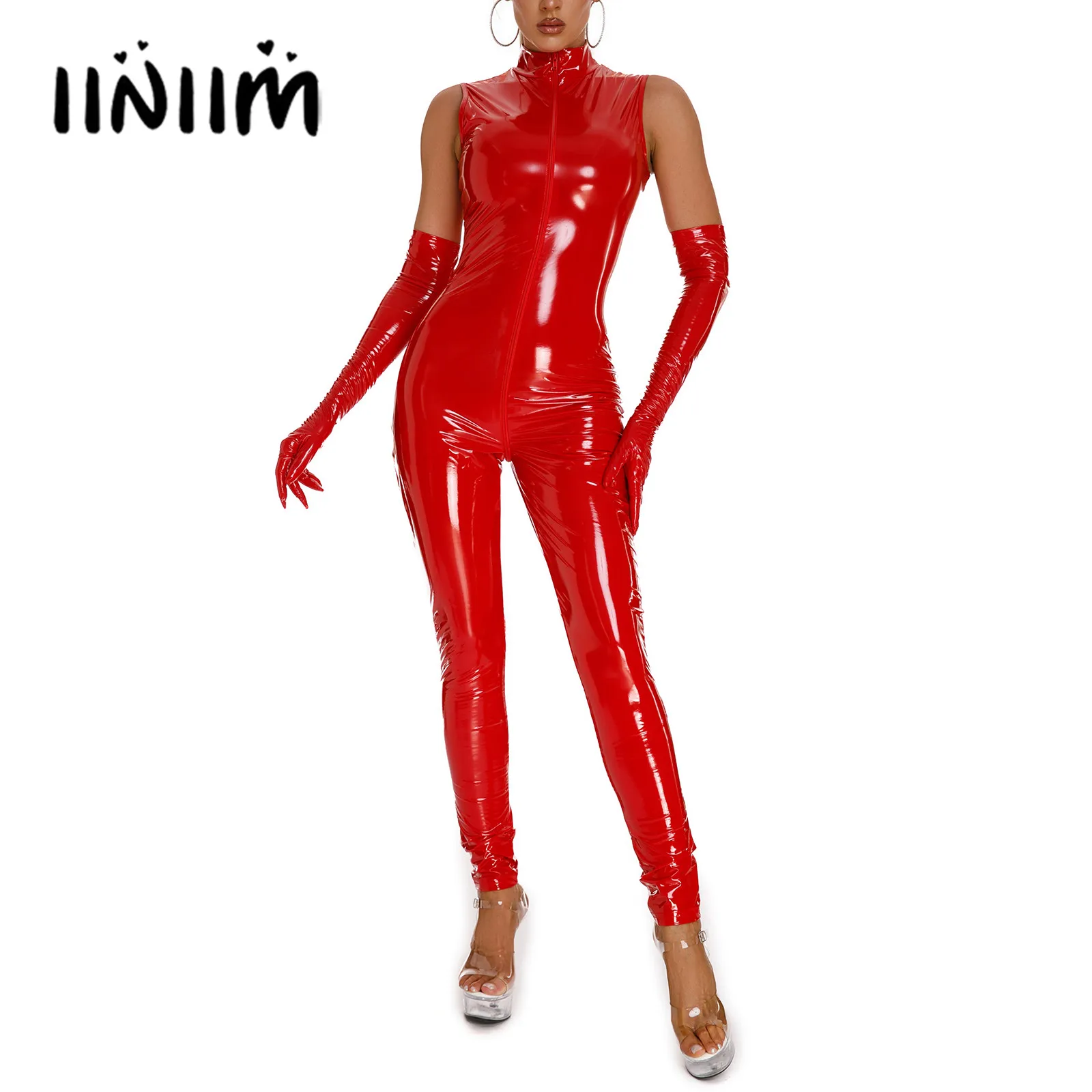 

Womens Patent Leather Skinny Jumpsuit Zipper Crotch Sleeveless Bodysuit Pole Dance Rave Clubwear Wet Look Stand Collar Catsuit