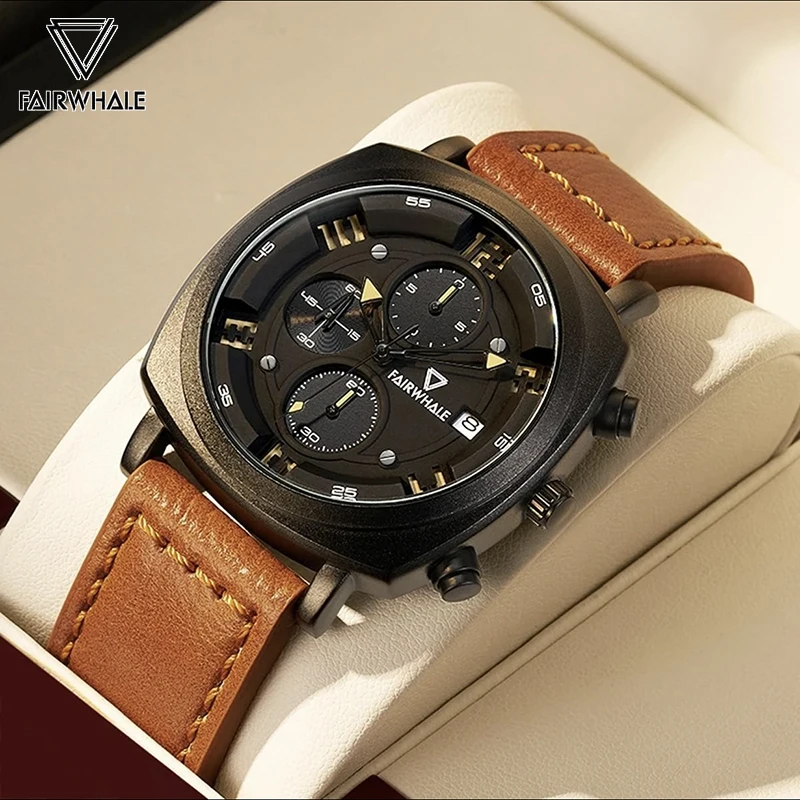 Luxury Watches Mens Brand Mark Fairwhale Fashion Brown Leather Strap WristWatch Sports Boy Waterproof Quartz Clocks Reloj Hombre