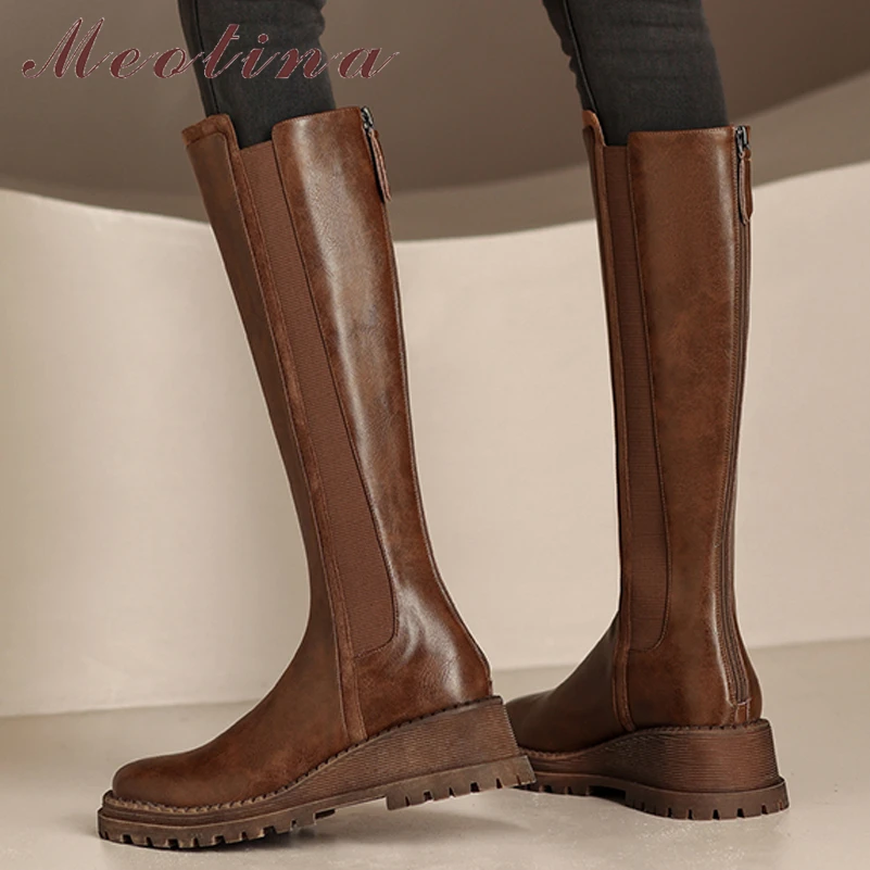 

Meotina Women Genuine Leather Knee High Chelsea Boots Round Toe Wedges High Heel Zipper Ladies Long Boot Autumn Winter Shoes 40