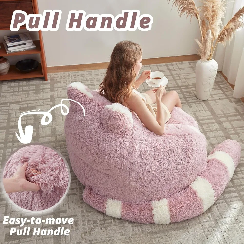Large Fluffy Raccoon Bean Bag Chair with Filler, Faux Fur Sofa for Adults Kids Reading Sleeping