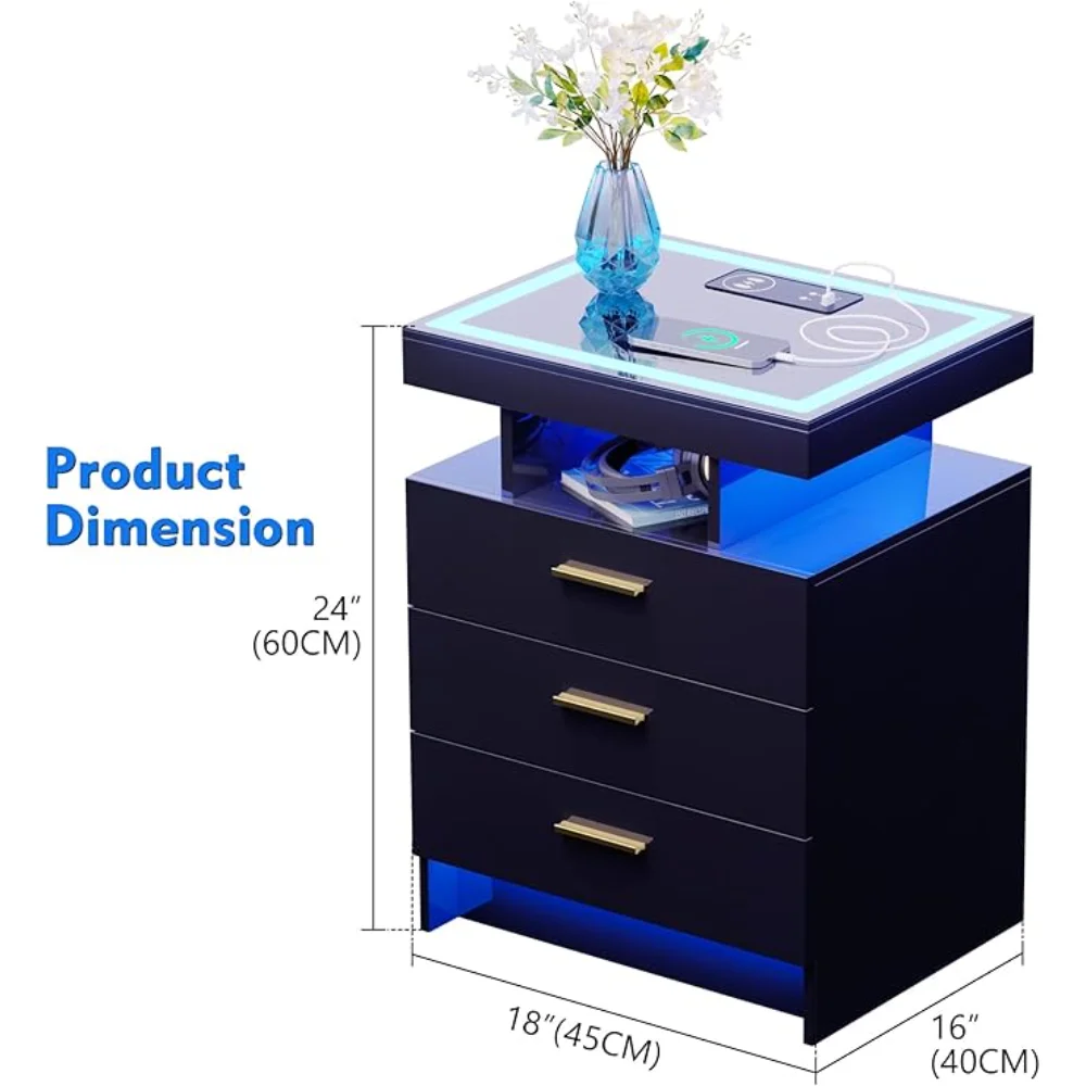 2 Set Nightstands with Wireless Charging Station, Auto Sensor 3 Color Dimmable LED Night Stand,Bedside Table 3