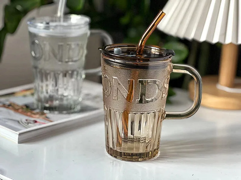 Straw With Glass Cup Coffee Cup With Handle Straw Cup Large Capacity Glass Cup With Cover 400Ml Glass Dinkware
