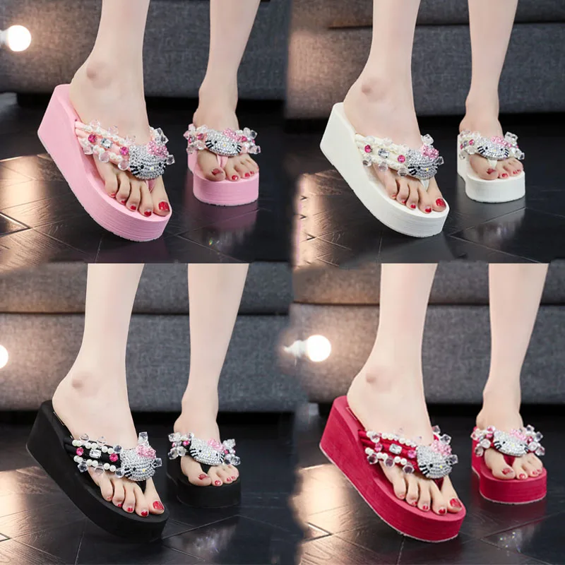 

Kawaii Sanrio, Hello Kitty сандалии Y2k летние уличные мягкие пляжные туфли из ЭВА блестящие Женские Повседневные тапочки на платформе и высоком каблуке