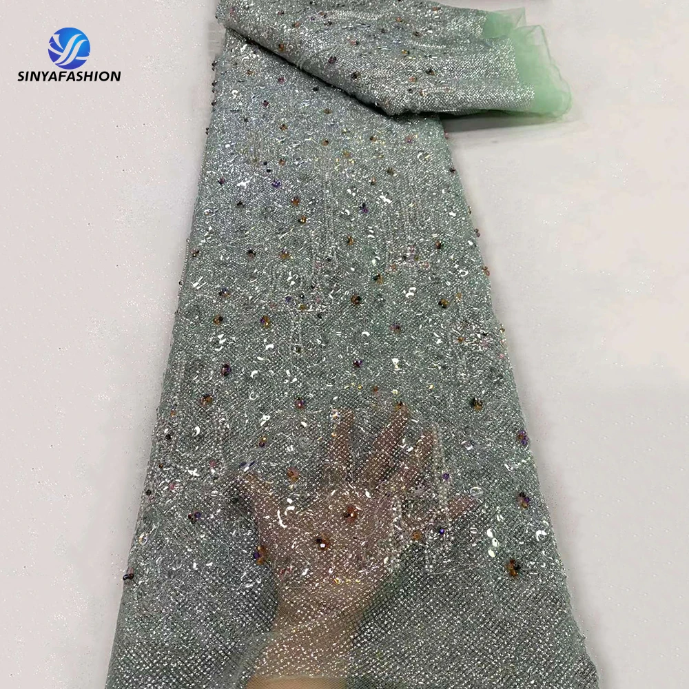 

Sinya Full Sequins African 3D Beads Lace Fabric High Quality Nigerian Bridal Wedding Groom Lace Luxury Heavy Beaded Fabrics