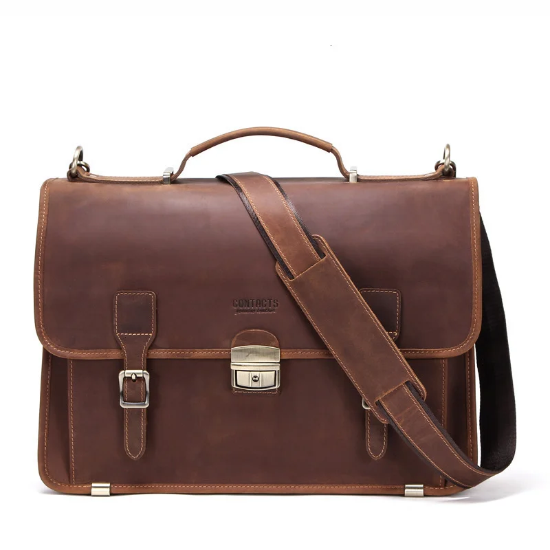 14 Inch Notebook Computer Luxury Genuine Leather Mens Brown Laptop Messenger Bag Business