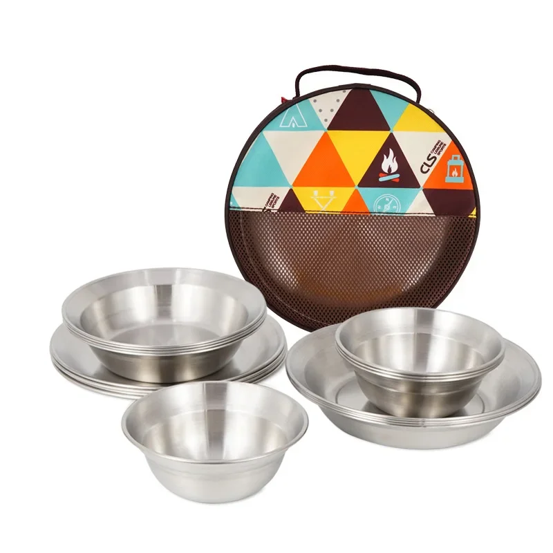 Outdoor Stainless Steel Dinnerware Set 16 Pieces Camping Portable Barbecue Plate Home Use Soup Bowl Plate