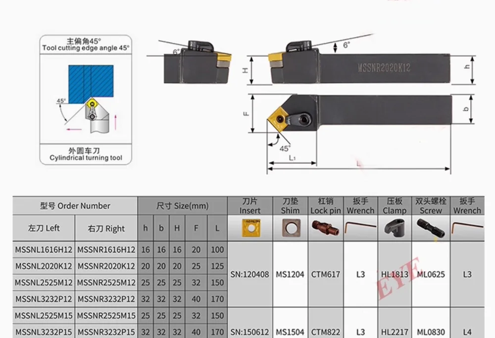 45 ° Werkzeughalter Drehmaschine Teile Unterstützung MSSNL3232P12/P15 MSSNR4040R12/R15/R19 Metall Werkstattausrüstung SNMG Cutter Spindel – Detail 1
