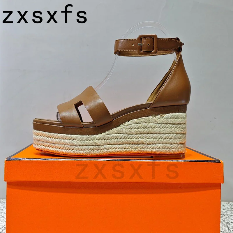 

Summer Real Leather Wedage Heels Women Sandals Ankle Strap Cover Heel Party Shoes For Women Designer Sandalias Mujer Women