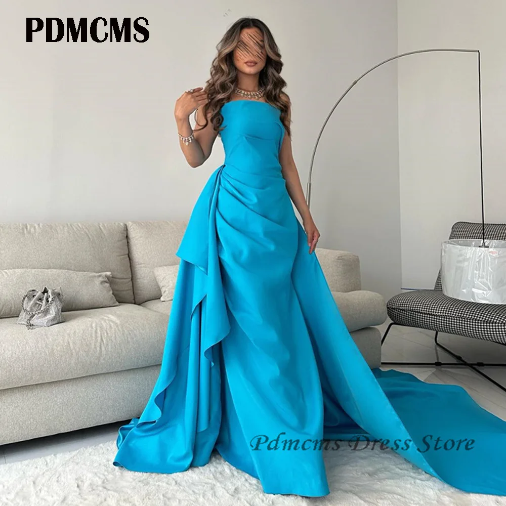 

PDMCMS Strapless Sleeveless Satin Bow Pleated Evening Dresses Formal Blue Mermaid Party Dresses Gowns Women Robes de Soirée 2024
