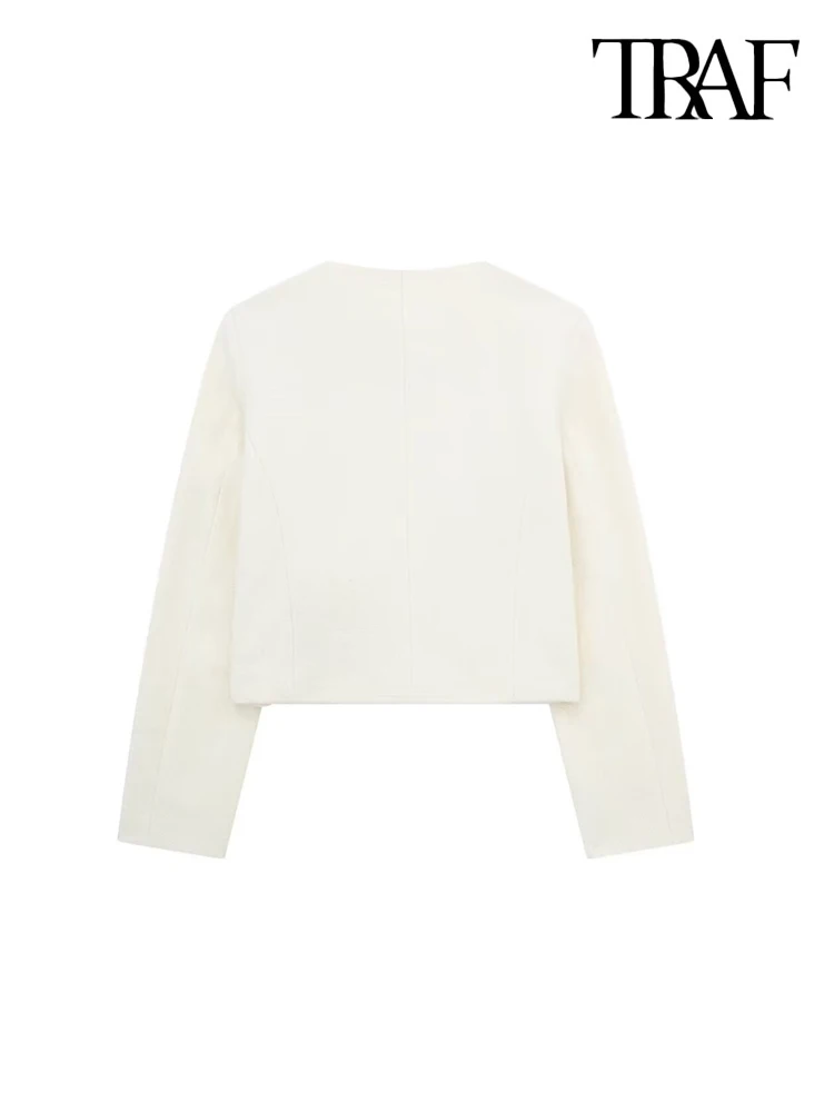 TRAF-Women's Golden Button Jacket Coat, O Neck, Long Sleeve, Female Outerwear, Chic Tops, Fashion 3