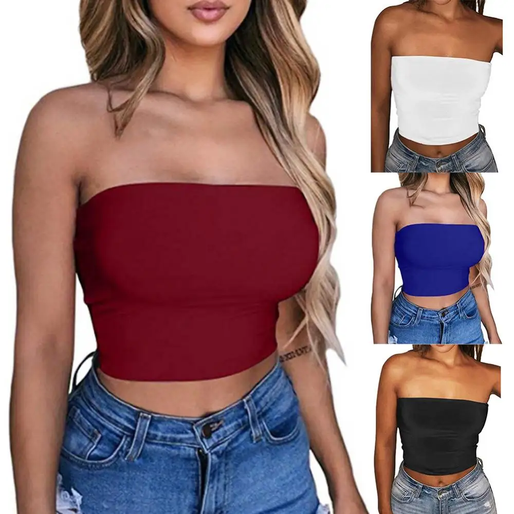 Women Tube Tops 1Pc Sexy Women Mini Bustier Strapless Cropped Slim Elastic Tube Top Solid Color Comfortable for Daily Wear