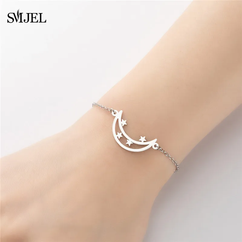 Stainless Steel Crescent Bracelets Fashion Sun Moon Star Charm