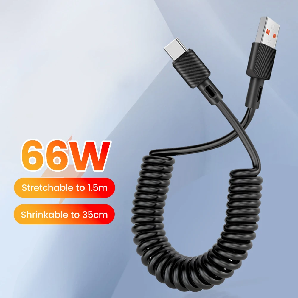 66W Fast Charging Car Spring Telescopic USB Type C Cable Portable Type C to Type C Data Cord for iPhone 15 16 Pro Huawei Phone BEST SELLERS
