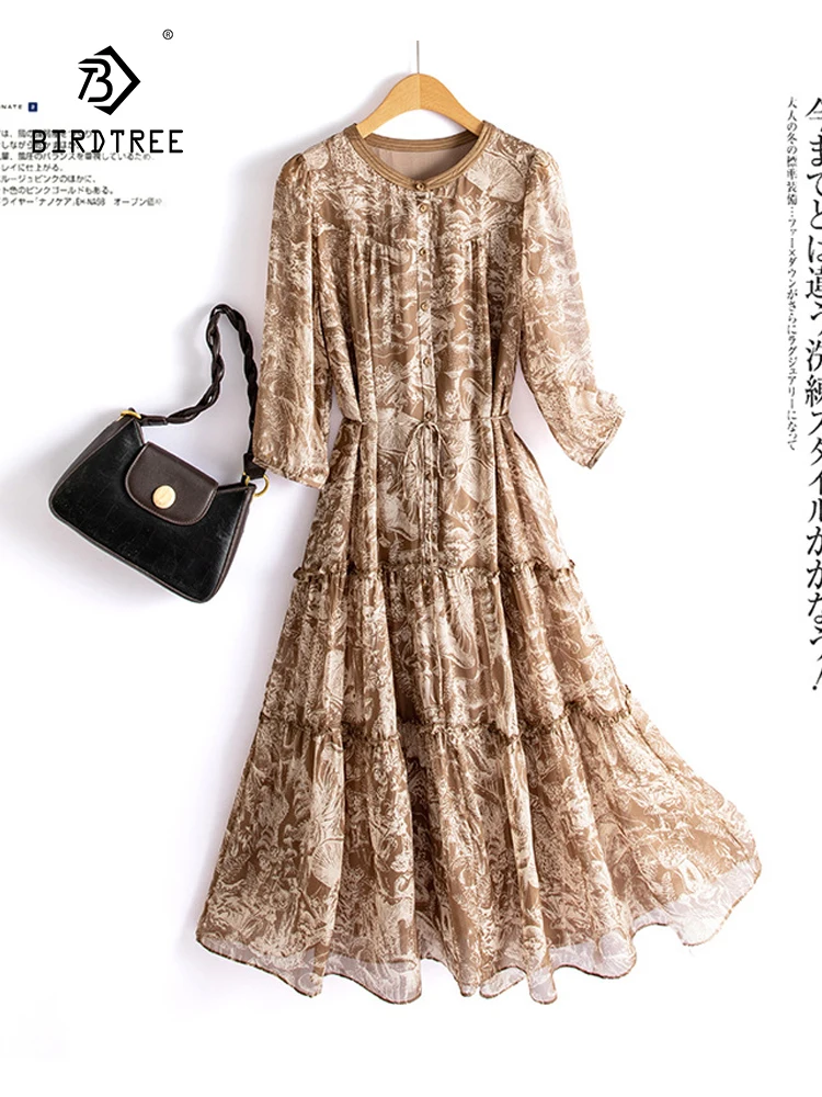 

Birdtree 100%Mulberry Silk Elegant Dress Women O-Neck Half Sleeve Long Dresses Waist Lace-up Printing Casual Clothes D37912QC