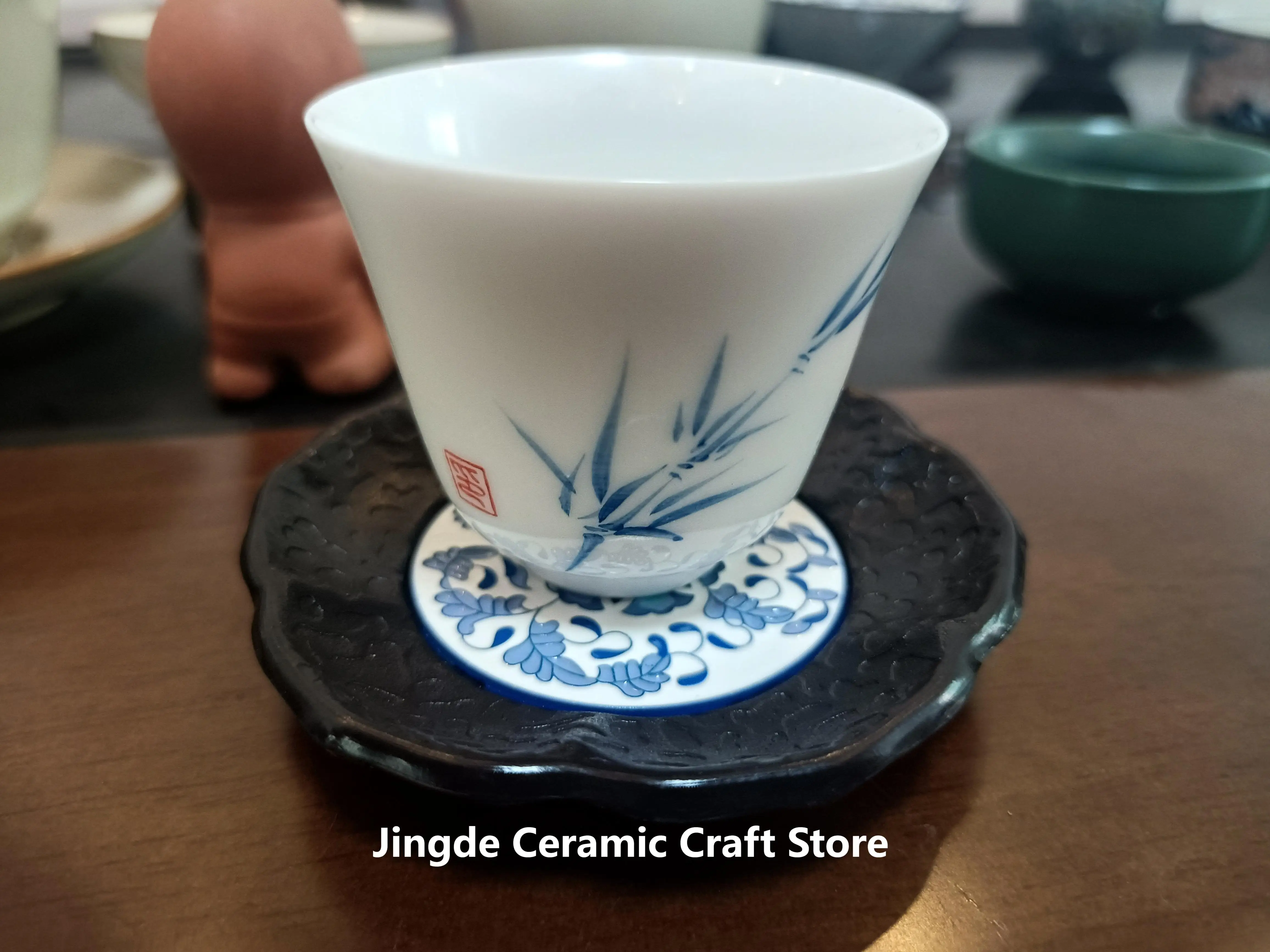 Jingdezhen Hand-painted Kung Fu Tea Cup, Master Hand Drawn Tea Cup And Coaster Set。 Bamboo Representing Wealth And Prosperity
