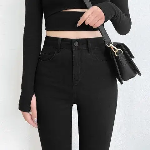 جينز للجنسين بمقاسات كبيرة، خصر عالي، قصة ضيقة، بنطلون ضيق بطول تسعة أرباع، مرن للربيع والخريف، مقاسات كبيرة للرجال والنساء