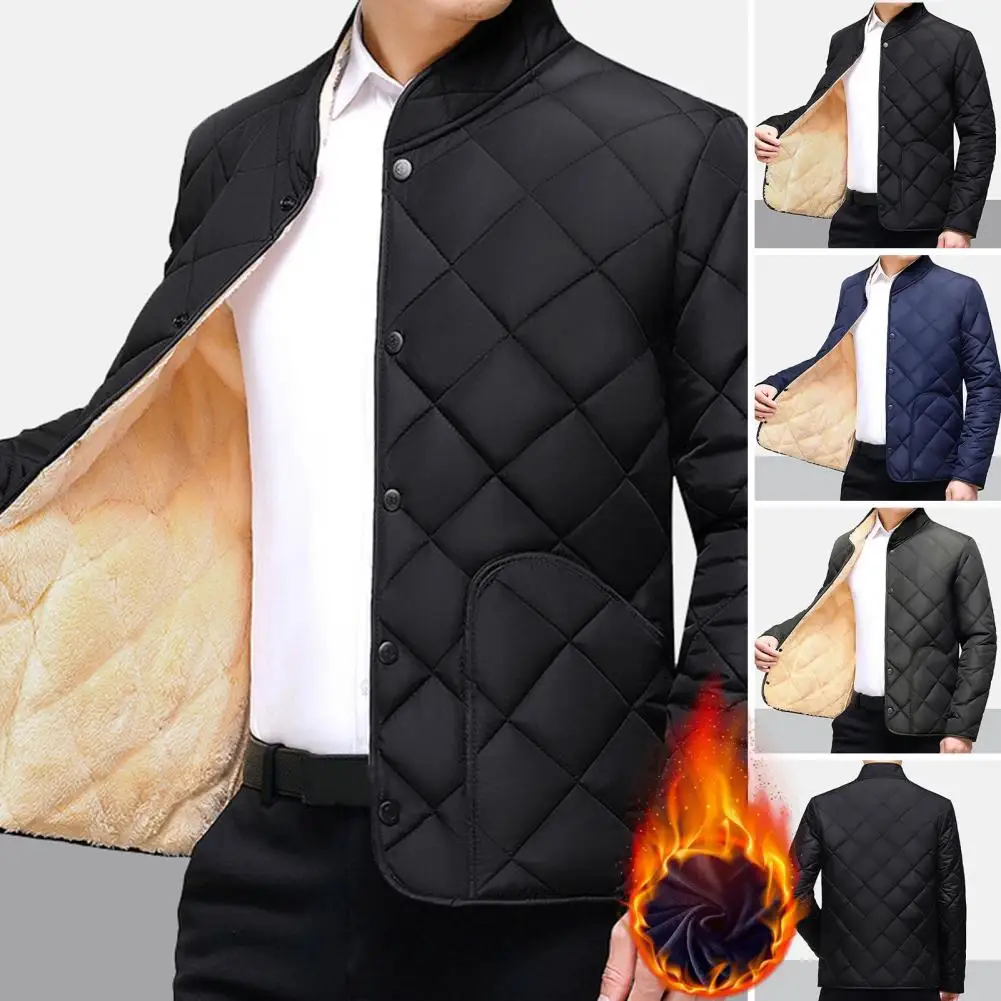 

Velvet Coat Cozy Men's Winter Coat Thick Plush Padding Stand Collar Plus Size Warmth Long Sleeve Cardigan Jacket with Soft