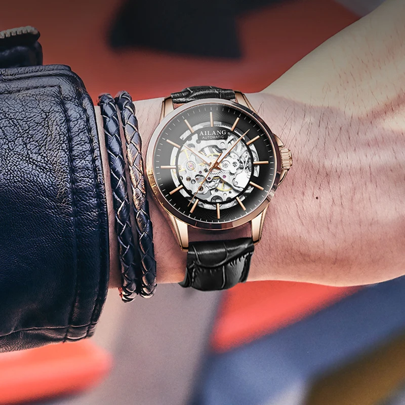 AILANG Luxury Skeleton Mechanical Watch For Men Fashion Blue Leather Strap Waterproof Luminous Hands Hollow Watches