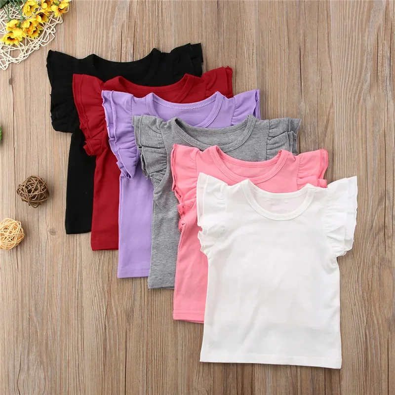 1-6Years Kids Girls Summer T-Shirt Cotton Flying Sleeves T-Shirt Girls Solid Black White Pink Red Tee Tops
