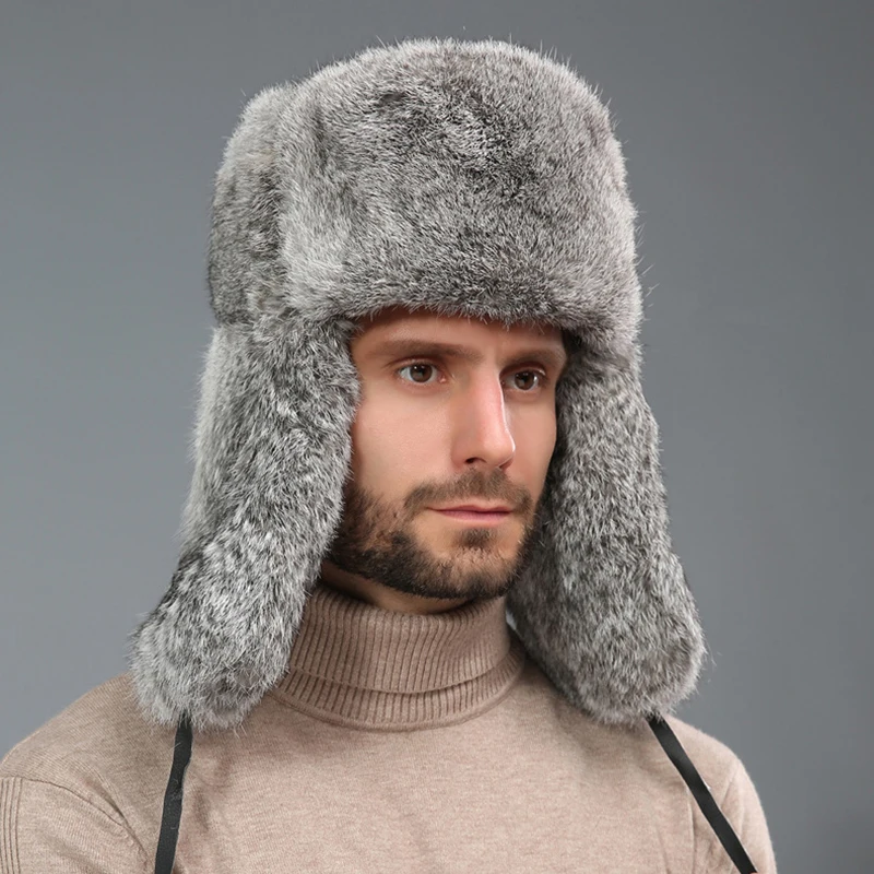 Fashion Thick Warm Bomber Men Real Rabbit Fur Earflap Trapper Russian Cap Plus Size Winter Ski