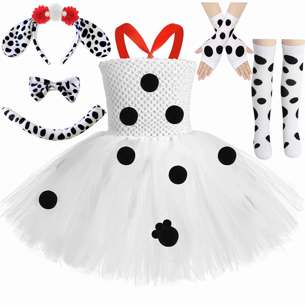 Toddler Girls Dalmatian Dog Costume Polka Dot Spotted Puppy Tutu Dress 101 Dalmatians Costume for Kids Halloween Party Dress Up