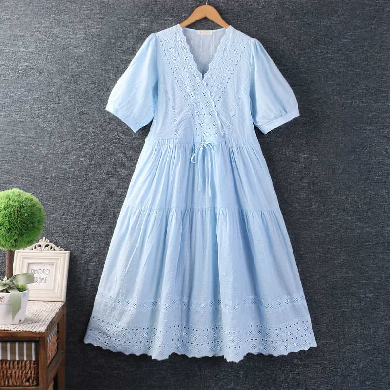 

Summer Sweet Hollow Out Embroidered Dress Women Short Sleeve V Neck Casual Midi Dress Lu228