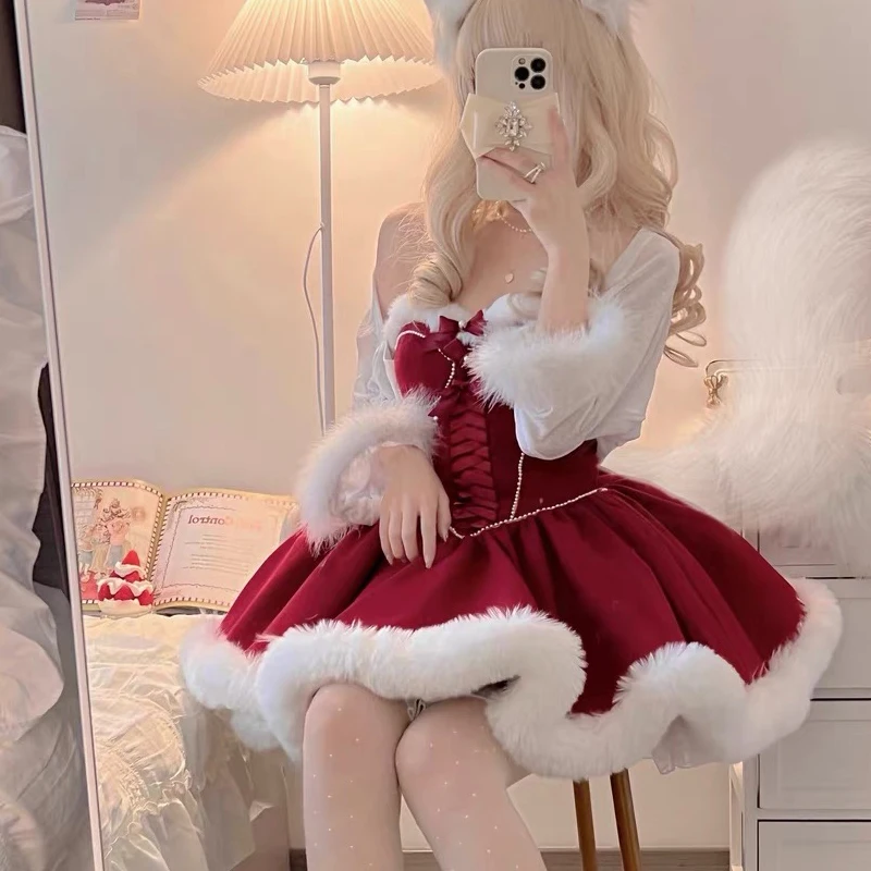 LovelyRedMaidLolitaDressKawaiiHalloweenOutfitsPrincessSkirtKawaiiChristmasDress