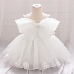 Elegant Pink Big Bow Party Dress for Baby Girls - Perfect for Baptisms, Weddings, and 1st Birthdays (White)